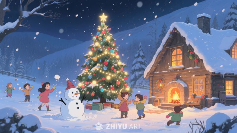 雪夜中的圣诞树与欢庆的孩子们 452