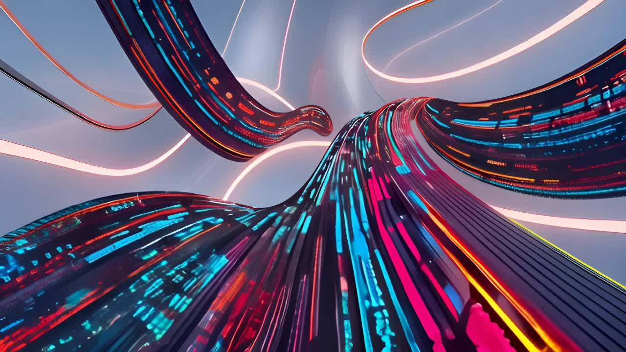 数据处理动画，展示了弯曲的条状结构，表面分布着蓝色