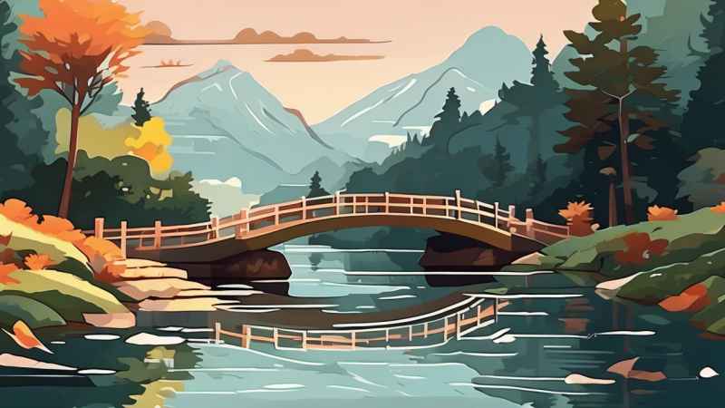 一条小溪旁一座小木桥横跨在水面上 1