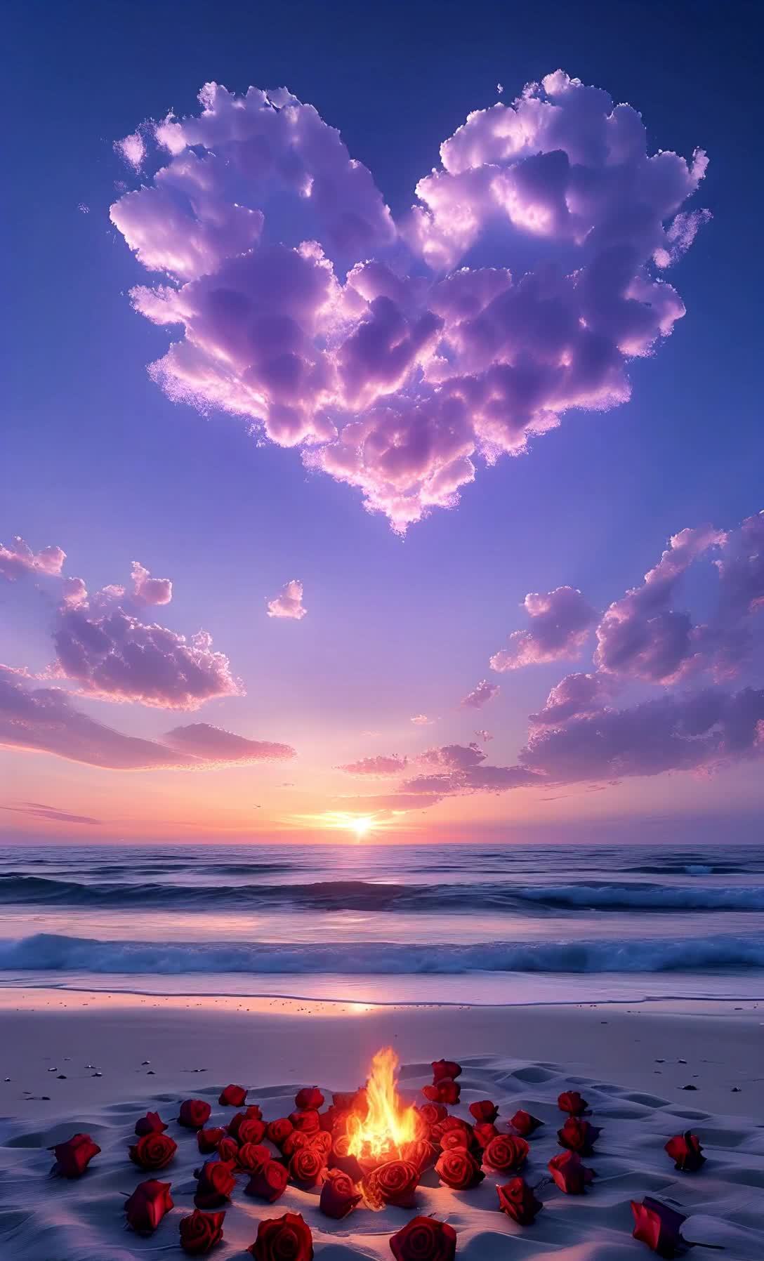 心形云朵下的海滩，玫瑰火光映照夕阳余晖