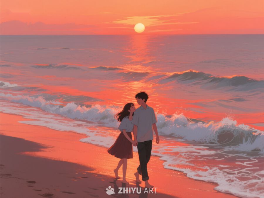 情侣海边漫步，夕阳映照波光 520