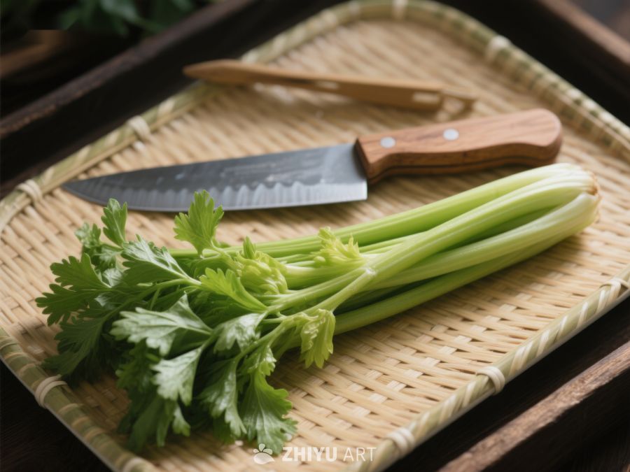 芹菜与刀具置于竹编托盘 305