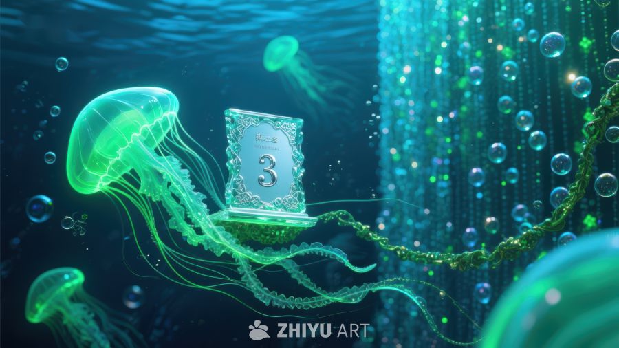 水下奇幻场景：数字卡片与水母 546