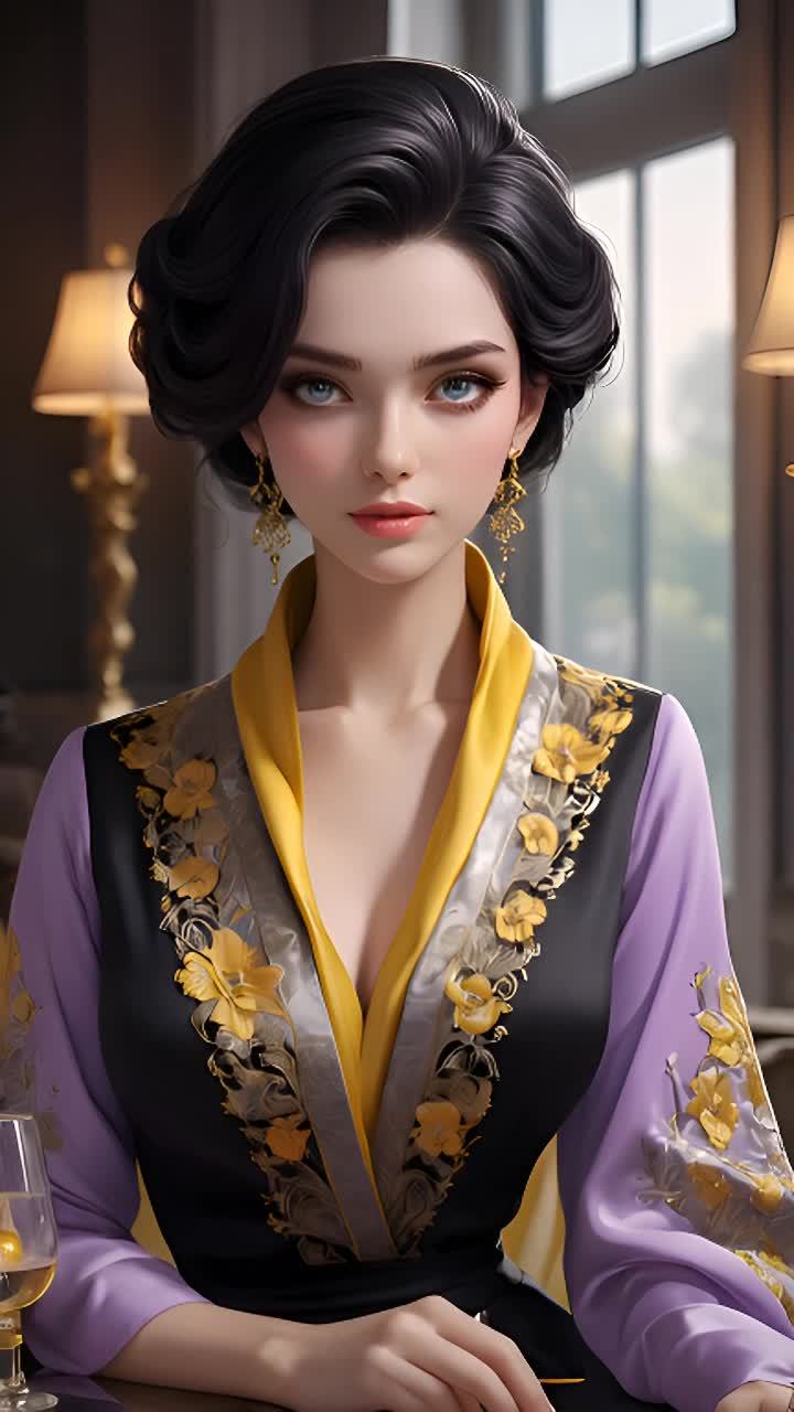 一个女性，有着黑色的短发和蓝色的眼睛，戴着金色的耳