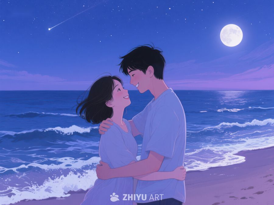 月下情侣海边相拥 1224