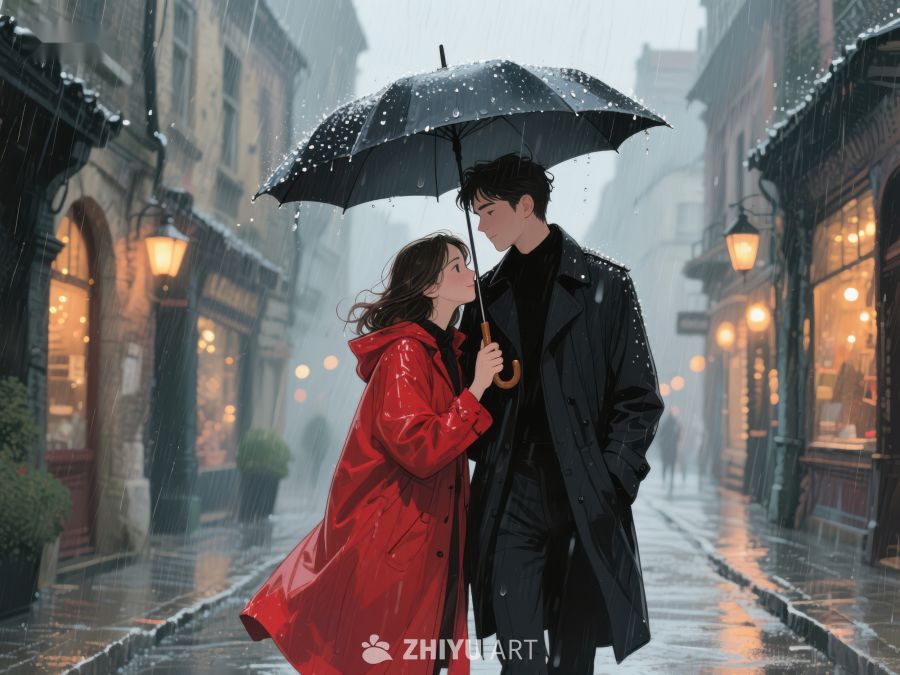 雨中情侣共撑伞，浪漫街头瞬间 1164