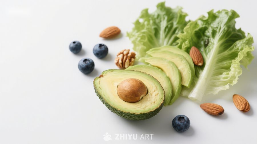 新鲜牛油果与蓝莓、坚果和生菜的组合