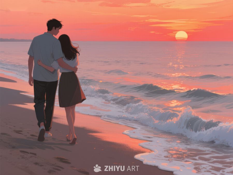 情侣海边漫步，夕阳映照浪漫时刻 537