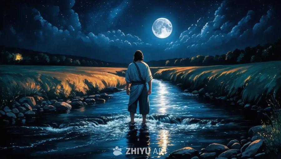 夜色下，一名男子站在河水中，背对着观众。河水波光粼
