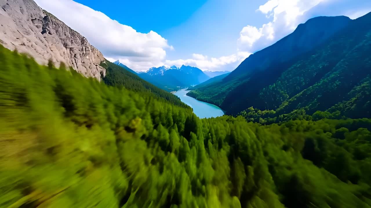 高耸的山峰，葱郁的森林和蜿蜒的河流构成一幅自然的景