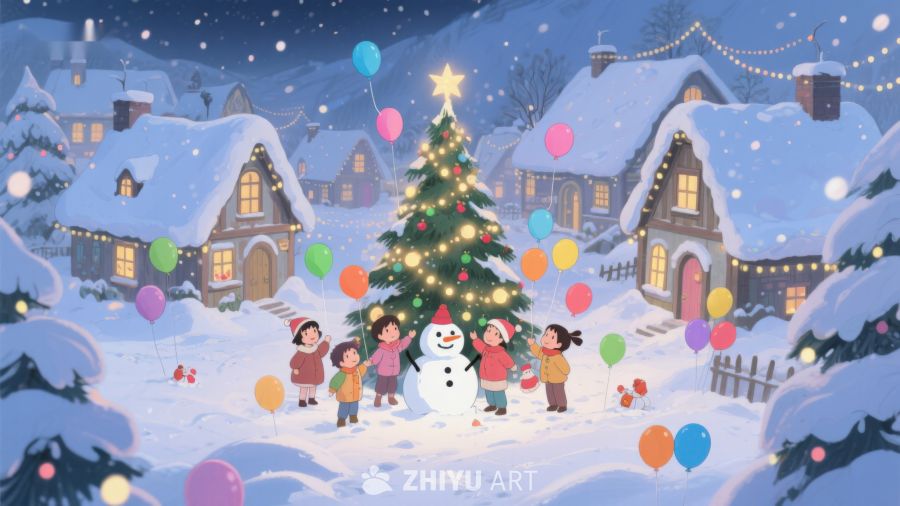 雪夜村庄里的圣诞树与欢庆儿童 333