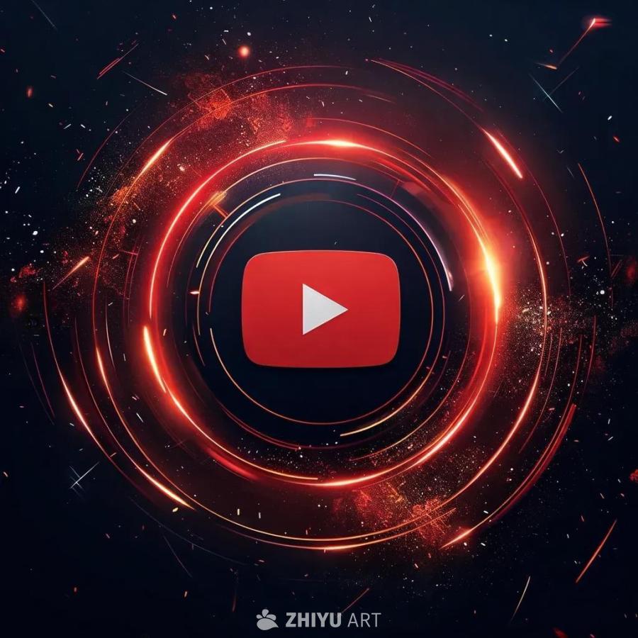 一个红色的YouTube播放按钮居于中心，周围环绕