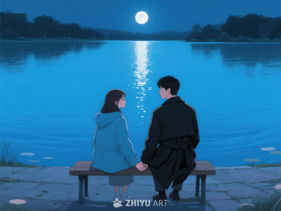 月下湖畔，两人静坐 1131