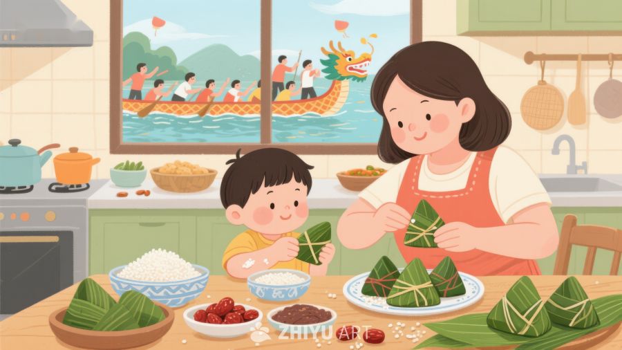 母子包粽子，窗外龙舟竞渡 356