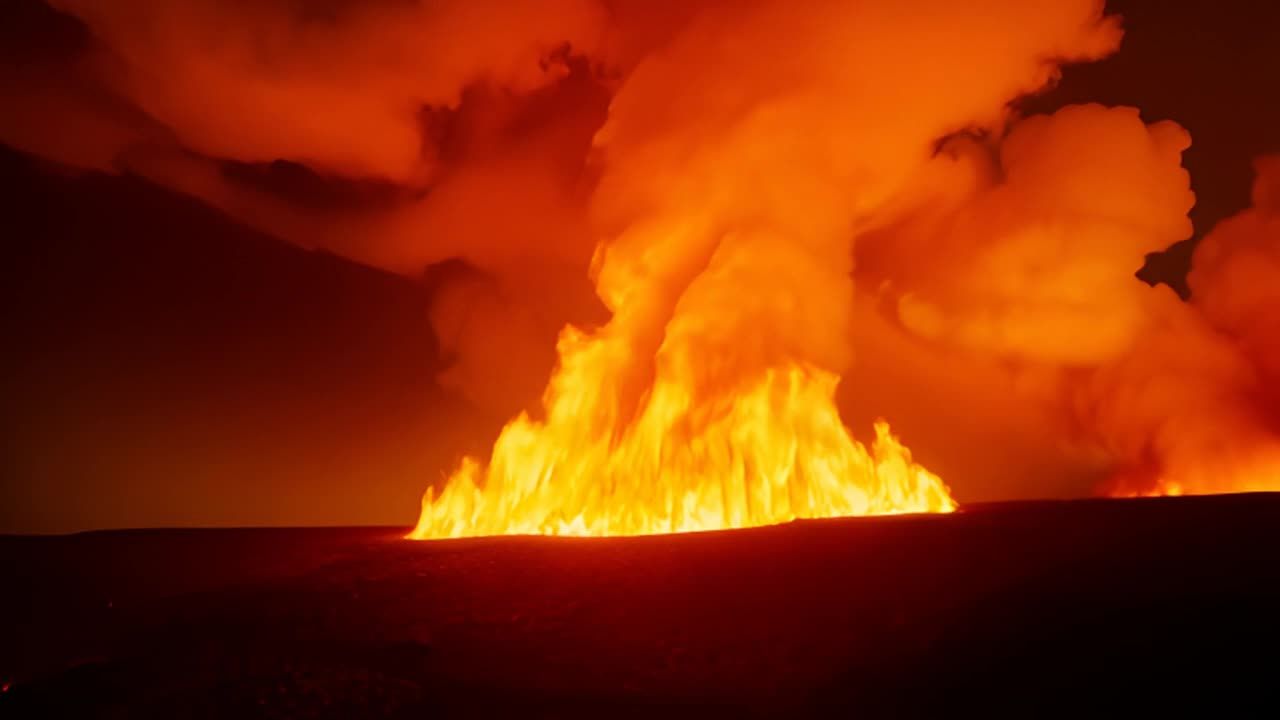 火山喷发产生了浓密的橙色烟雾，伴随着强烈的雷声。从