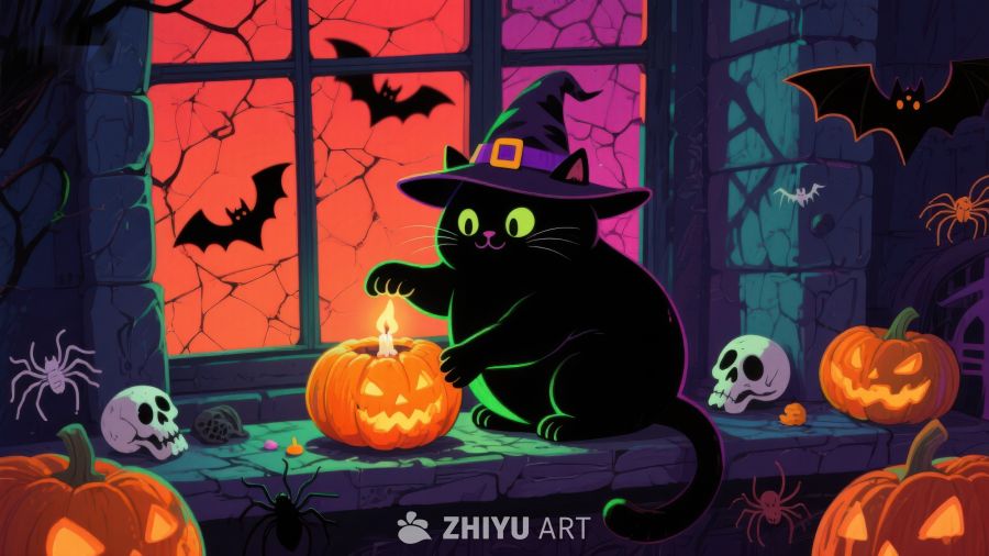 万圣夜猫巫师点燃南瓜灯