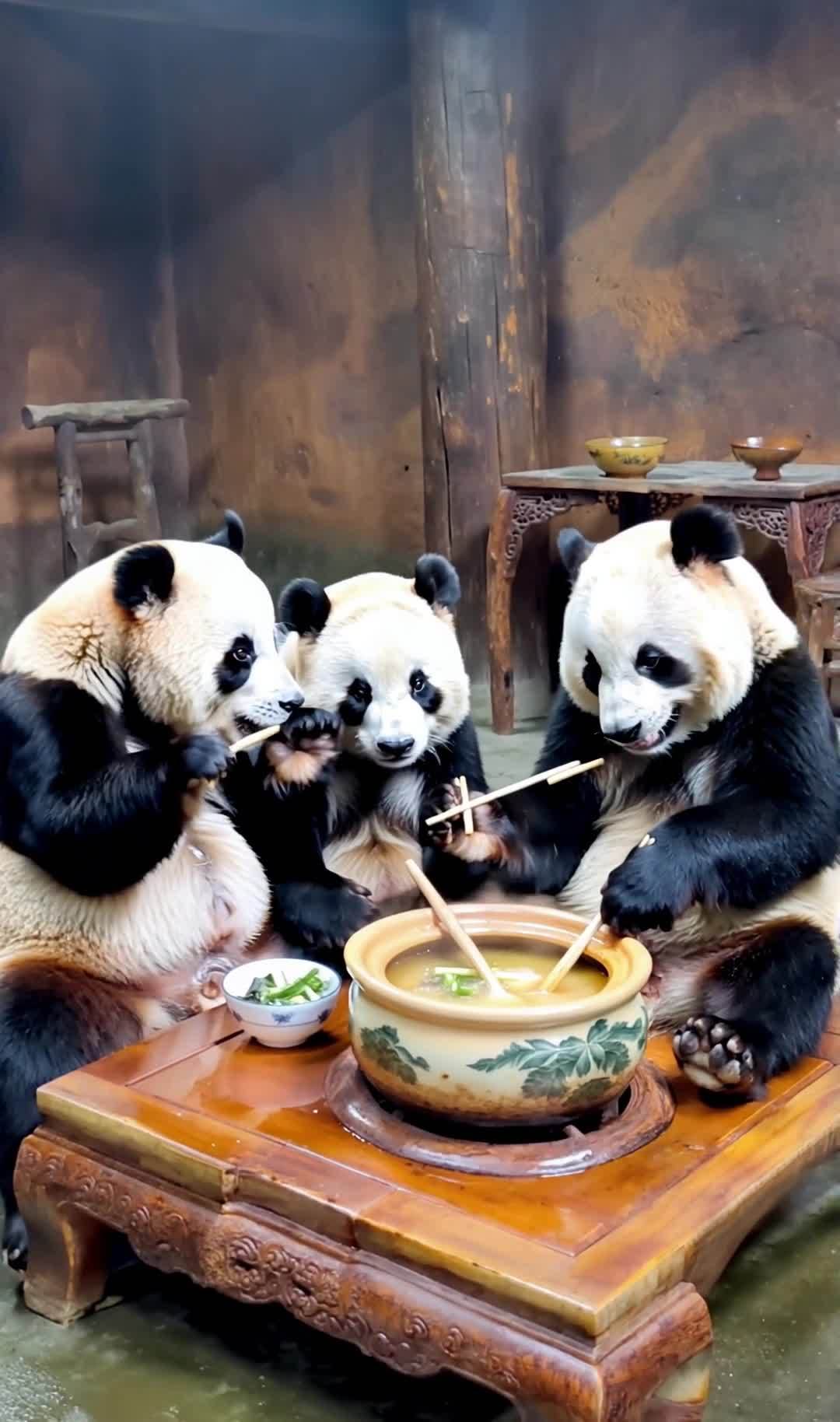 三只大熊猫围坐火锅，其乐融融享用美食