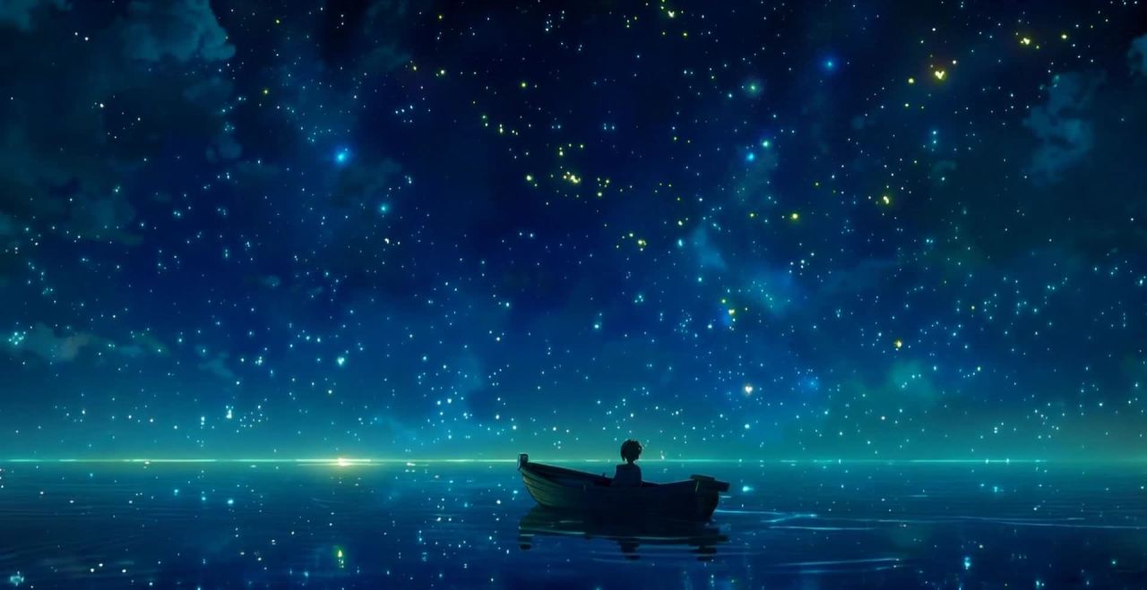星空下的孤舟，少年与星光相映成辉。