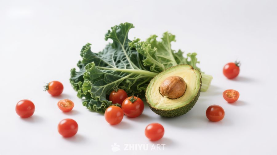 新鲜蔬菜组合：牛油果、羽衣甘蓝与樱桃番茄