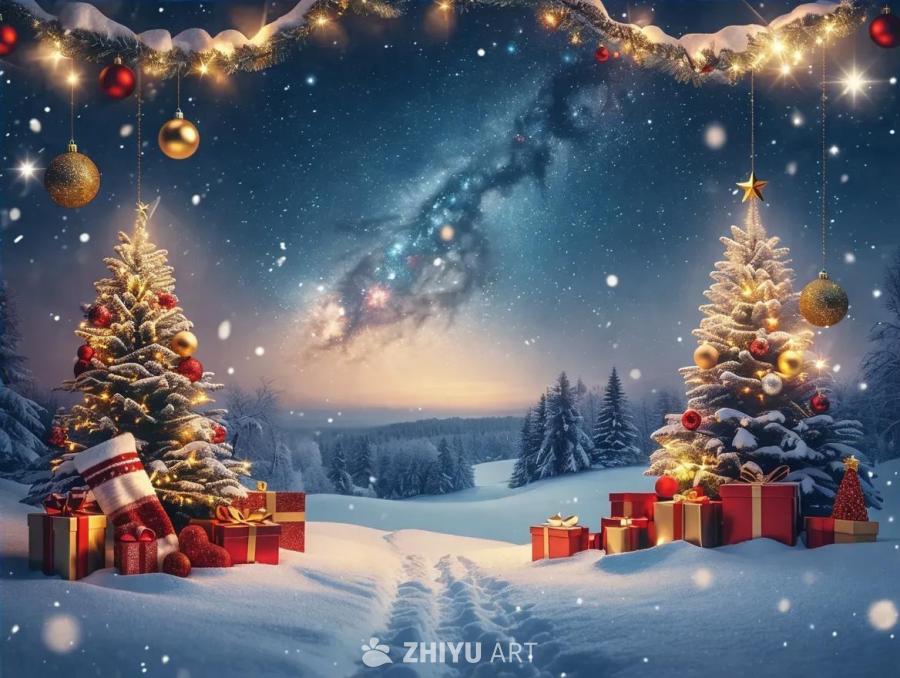 雪夜场景，前景装饰着圣诞图案，包括闪烁的灯光、装饰