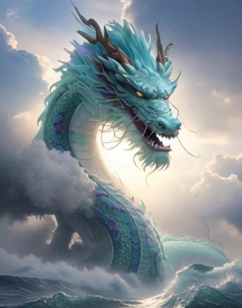 海浪翻涌，云雾缭绕，威风凛凛的蓝色巨龙