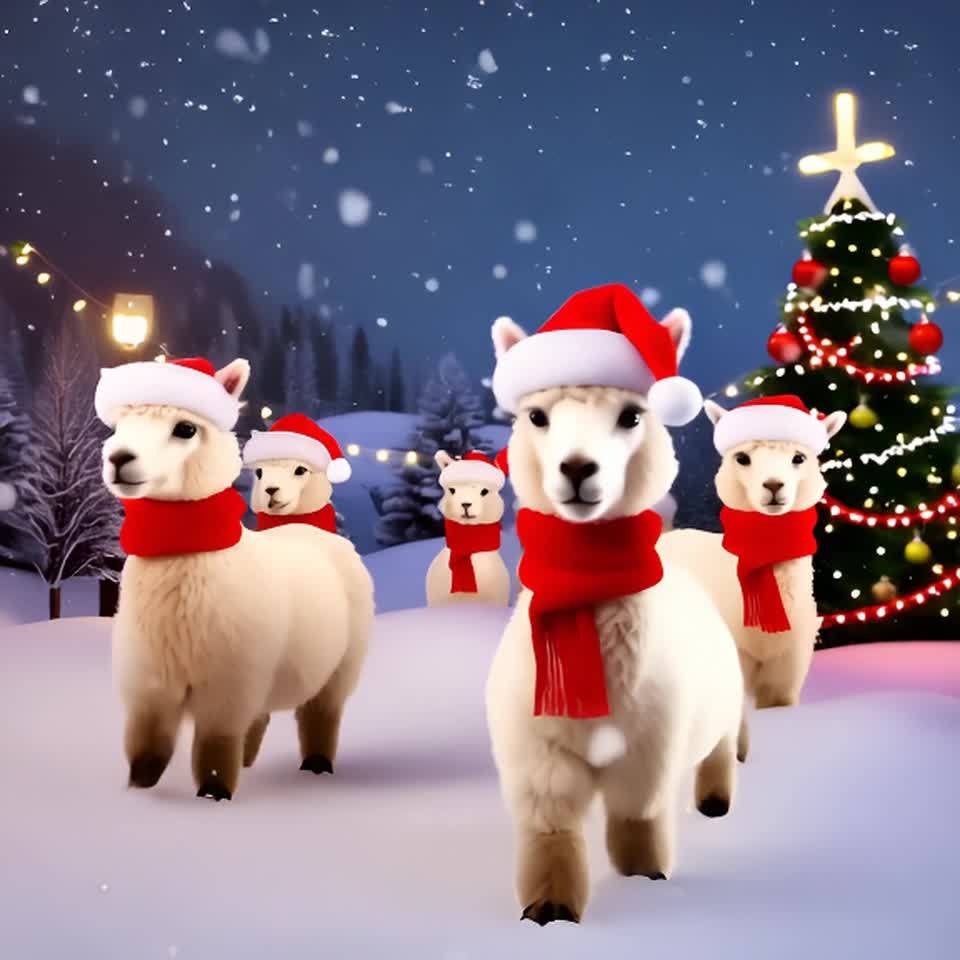 一群羊驼戴着圣诞帽和围巾，站在覆盖着积雪的景观中，