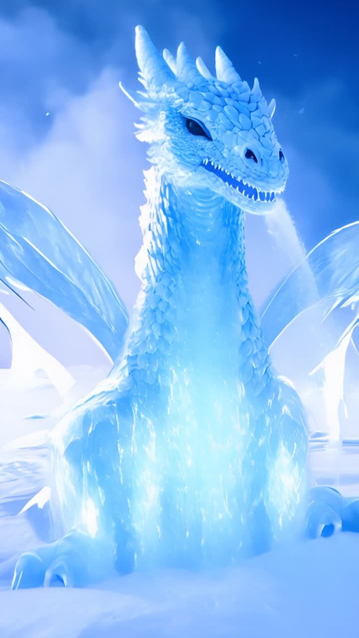 冰龙从雪地中现身，身披晶莹剔透的鳞片。它高大威猛，