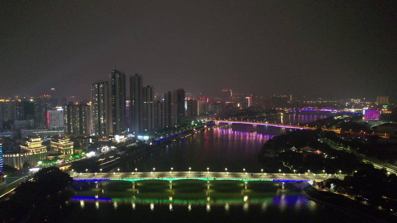 广西南宁大桥夜景灯光航拍