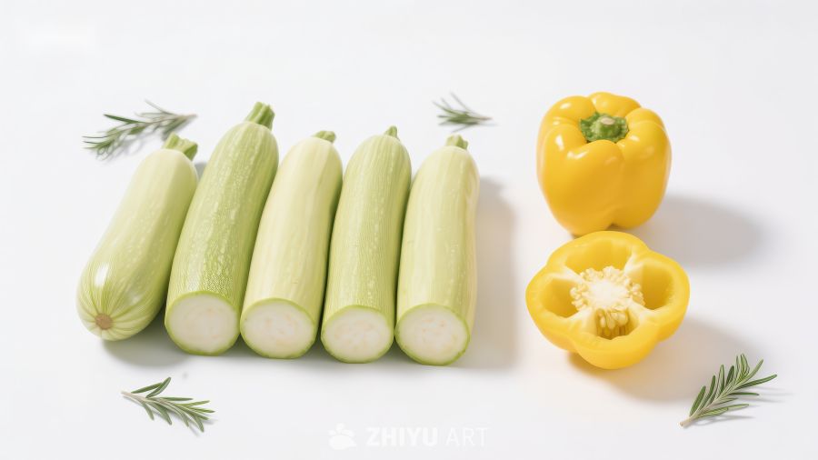 新鲜西葫芦与黄椒的组合展示