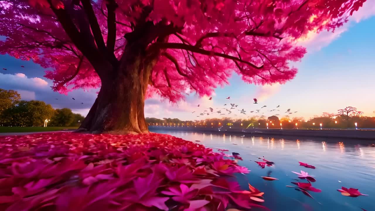 一棵巨大的树矗立在宁静的河边岸边。树上长满了粉红色