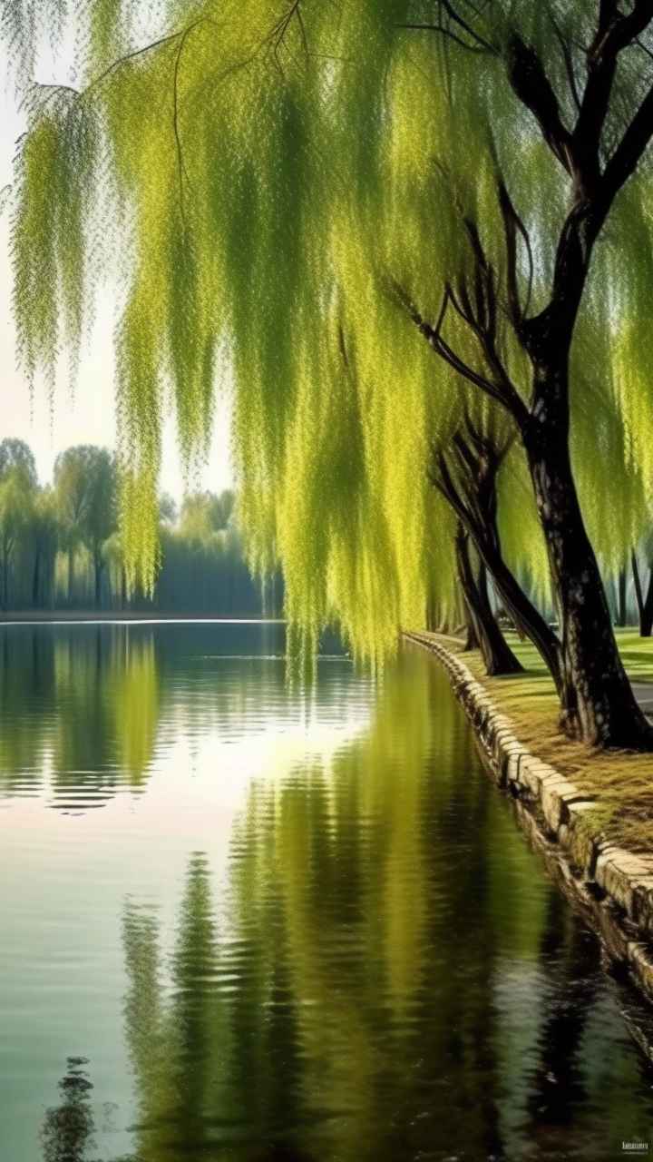 河边柳树插画风景图 26