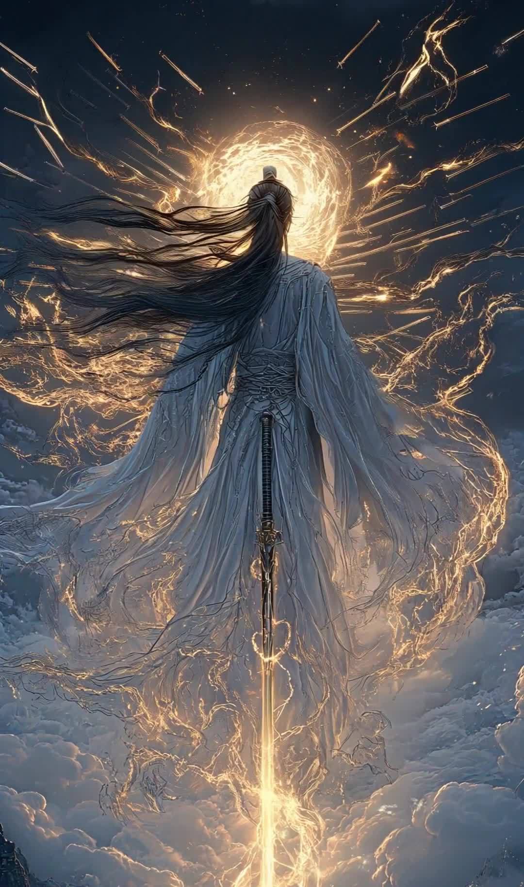 身穿白色长袍的人物背对画面，长发及腰。人物背后悬挂