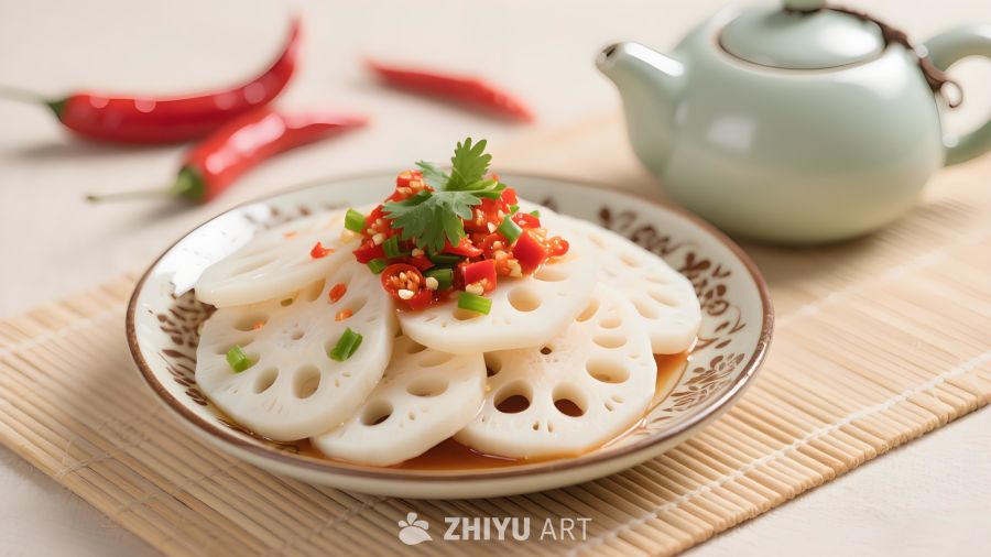 美食摄影凉拌藕片中式家常凉菜简约清新洁白藕片点缀剁椒葱花香菜
