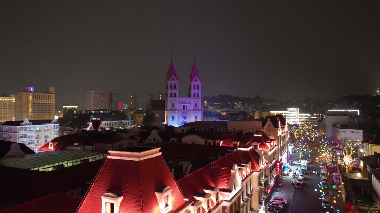青岛老城区夜景中山路雪景航拍 14