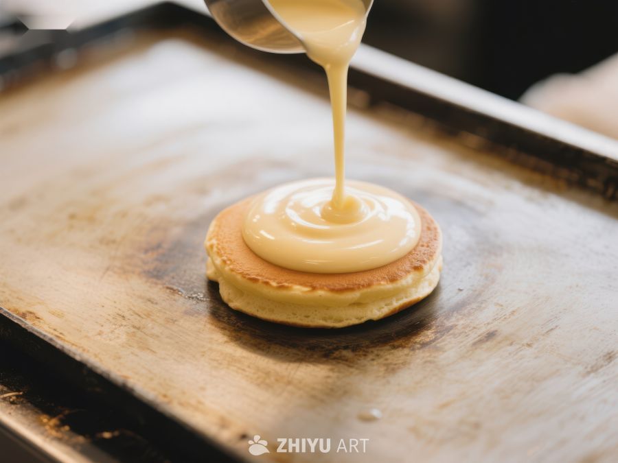 奶油浇灌在煎饼上的瞬间