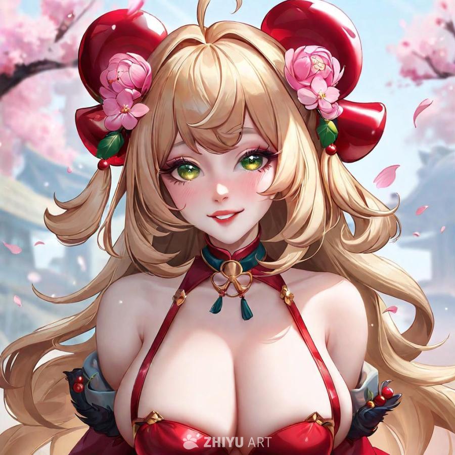 一位有着金色波浪长发、绿色眼睛的女性角色，头戴红色