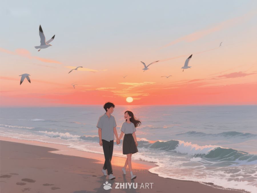 海滩日落，情侣漫步 267
