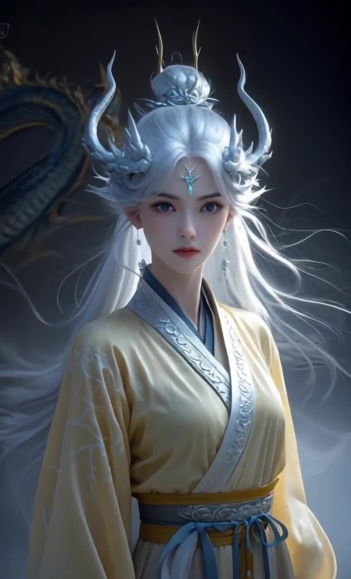 银发汉服女子，龙纹背景，气质典雅美丽。
