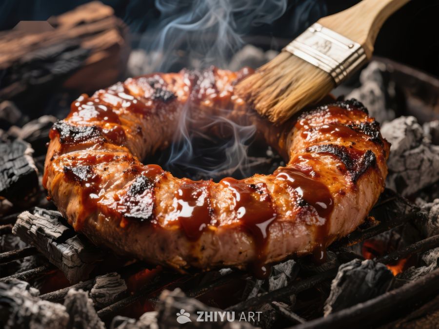 烧烤肉环，涂抹酱料，烟雾缭绕 558