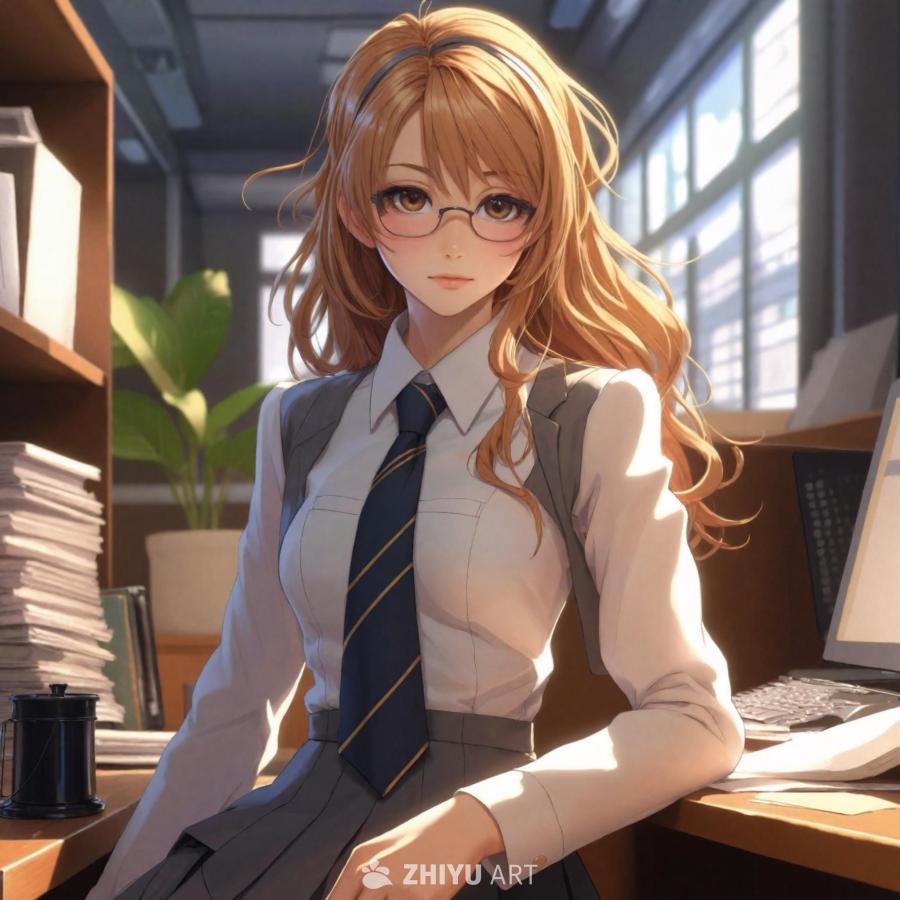 一位动画风格的女性角色坐在办公桌前，她有着棕色的头