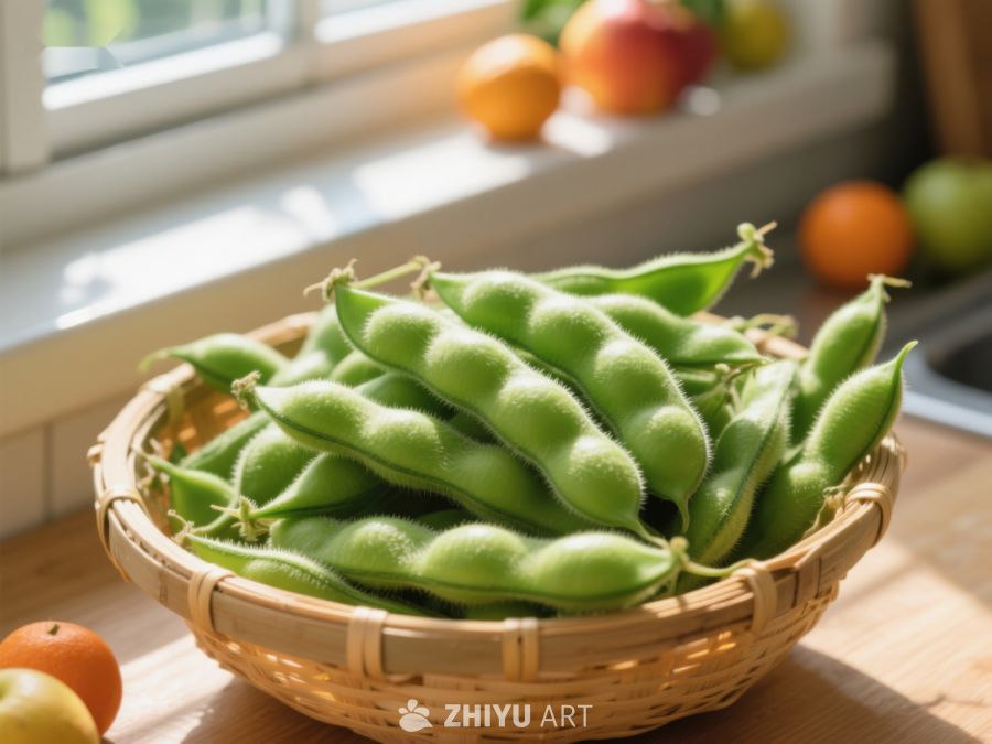 新鲜毛豆置于竹篮中，窗边水果点缀 485