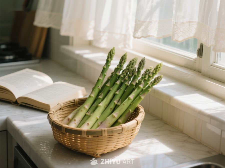 篮子里的芦笋与阳光下的厨房 209
