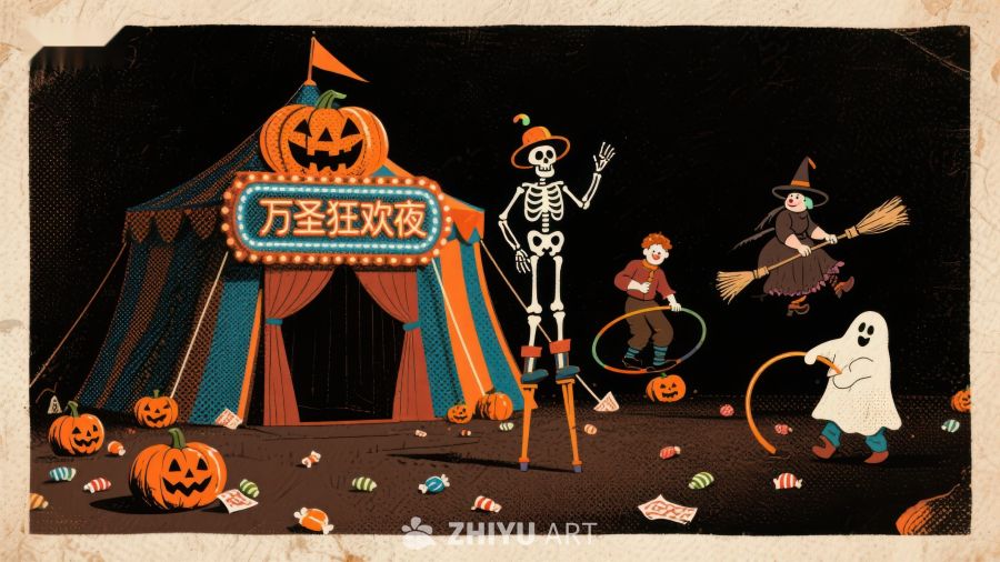 万圣狂欢夜：幽灵、巫婆与骷髅的欢乐场景