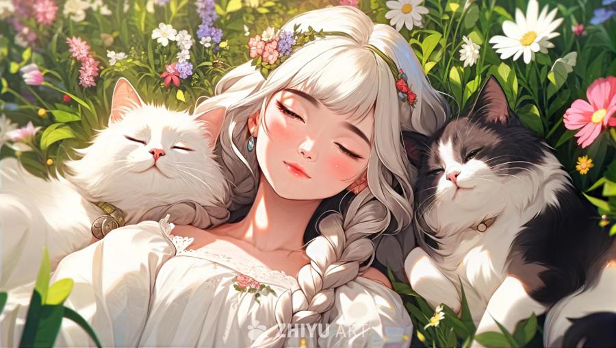 一个年轻女子躺在草地上，闭着眼睛，头戴花环。一只白