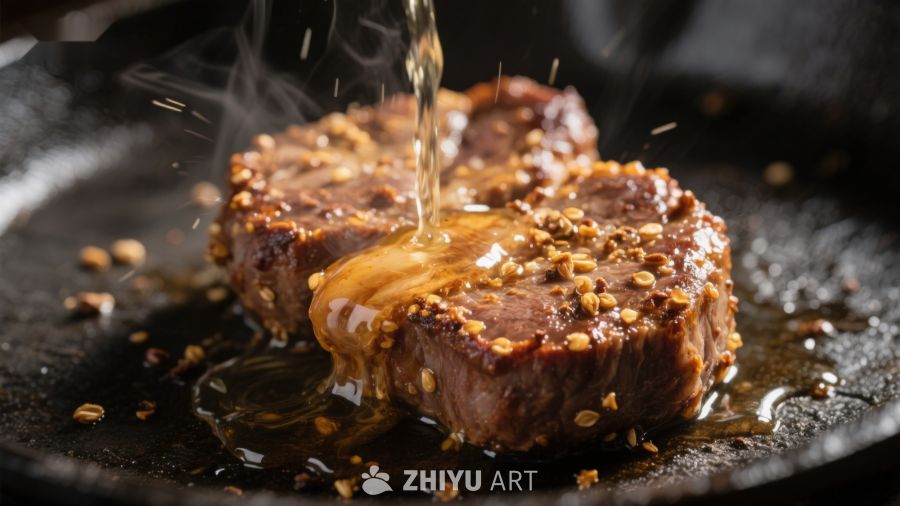 煎锅中的香煎牛排