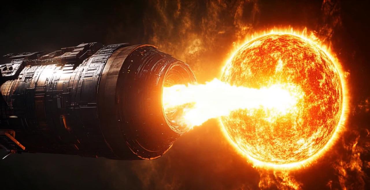 一个巨大的工程空间站连接着一颗恒星。恒星呈现出炽热