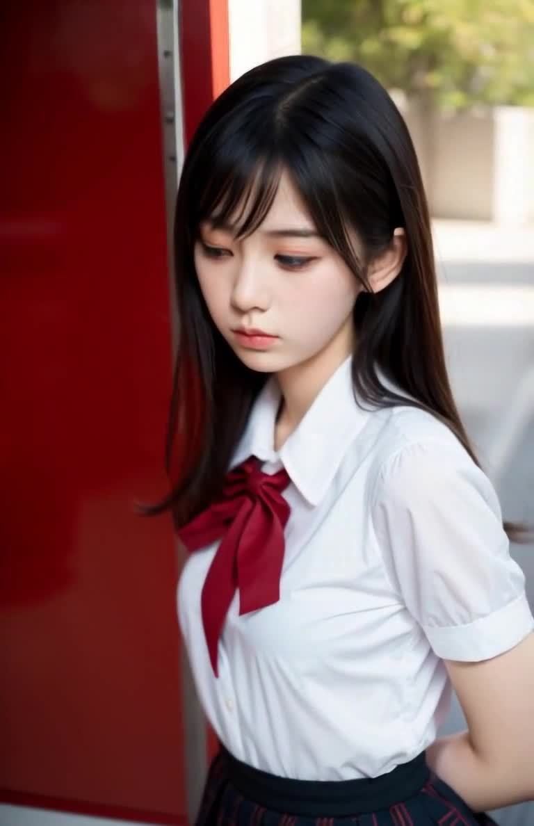 黑发少女红领结白衬衫严肃表情肖像