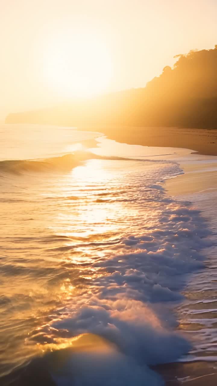 海浪在日出时分温柔地拍打着海岸。阳光穿透海浪，镜头