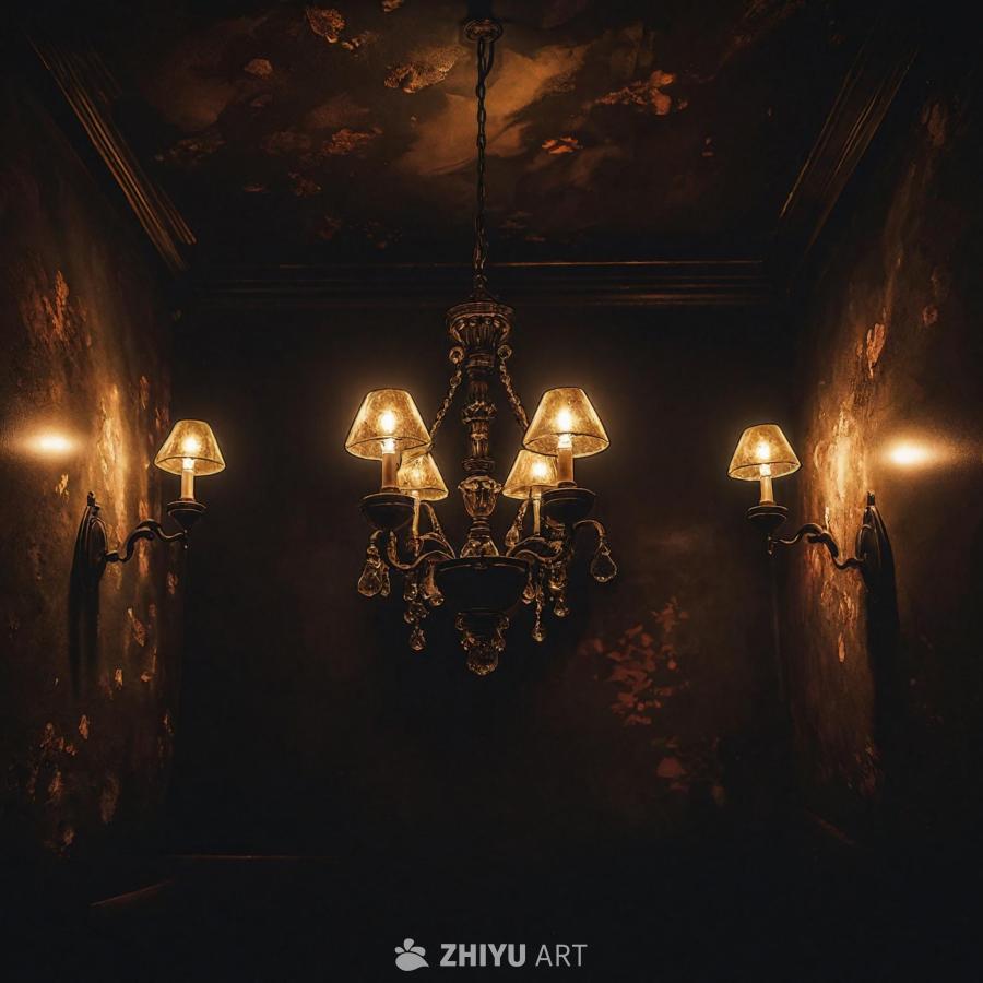 昏暗的房间里，天花板上悬挂着一个吊灯，吊灯有四个灯