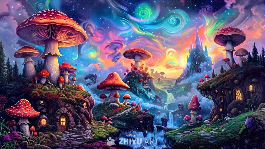 一个奇特的山谷，里面有巨大的蘑菇和蘑菇屋，沐浴在柔